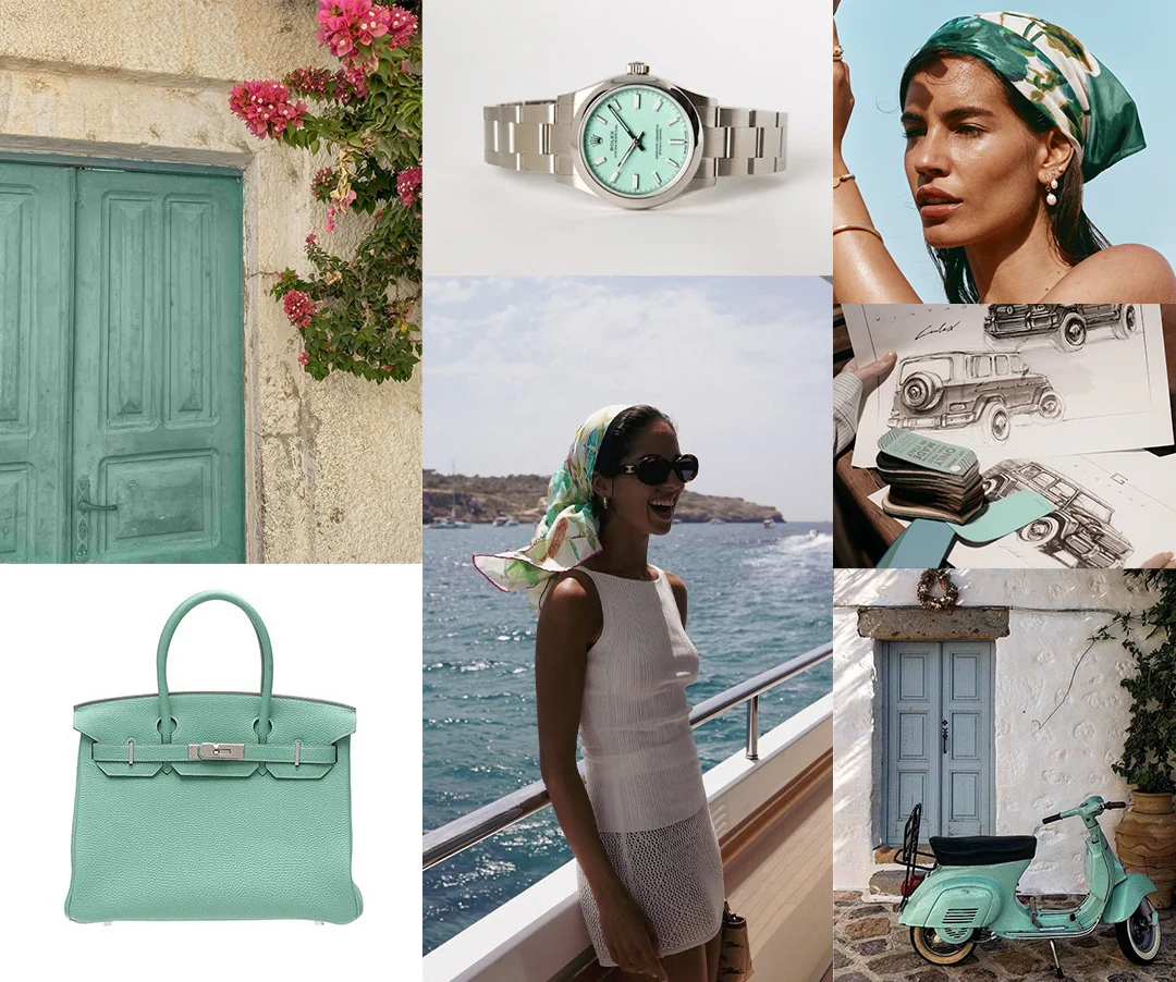 A collage featuring a turquoise door, a vintage G-Class parked nearby, a silver watch with a turquoise face, two women in colorful headscarves, a turquoise scooter and handbag, sketches, and a seaside scene.